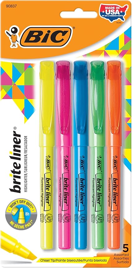 BIC Brite Liner Highlighters, Chisel Tip, 5-Count Pack